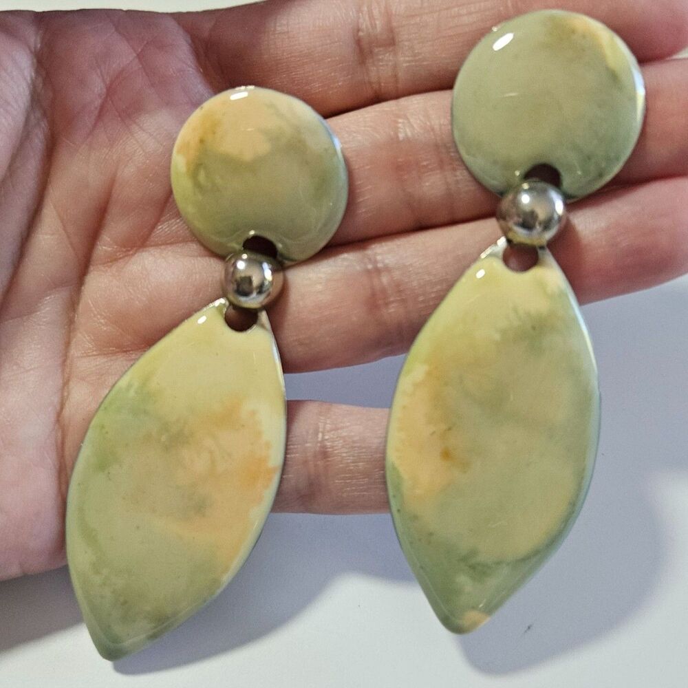 Silver Tone Green And Pink Swirly Enamel Dangling Statement Earrings